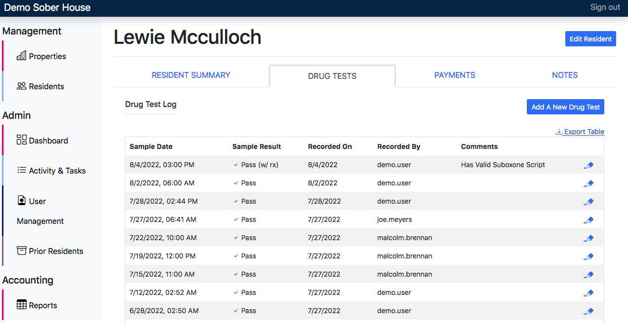Drug testing interface