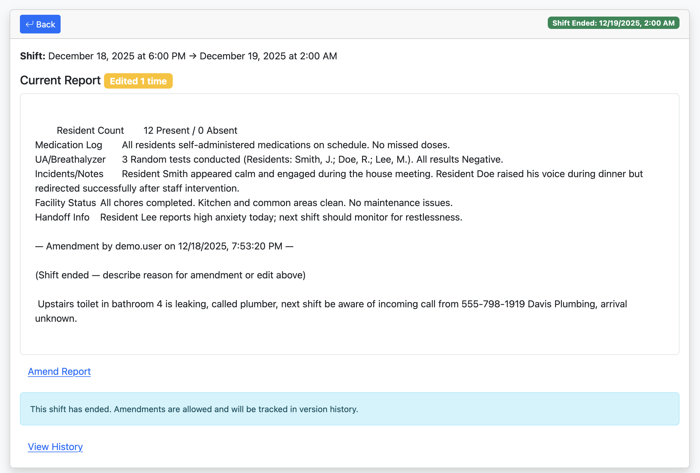 Shift reports interface